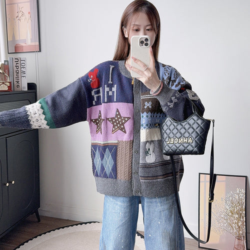 Cartoon contrasting spliced sweater